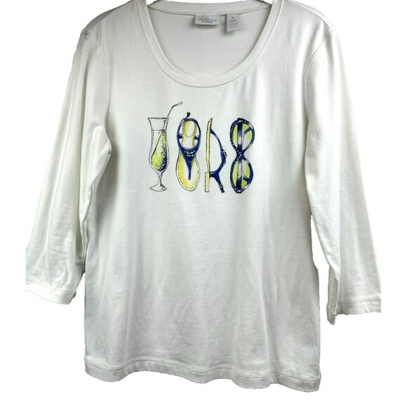 Chico's Tops - Chicos Weekends Womens White Beach‎ Graphic 3/4 Sleeve Top Size 1 Medium